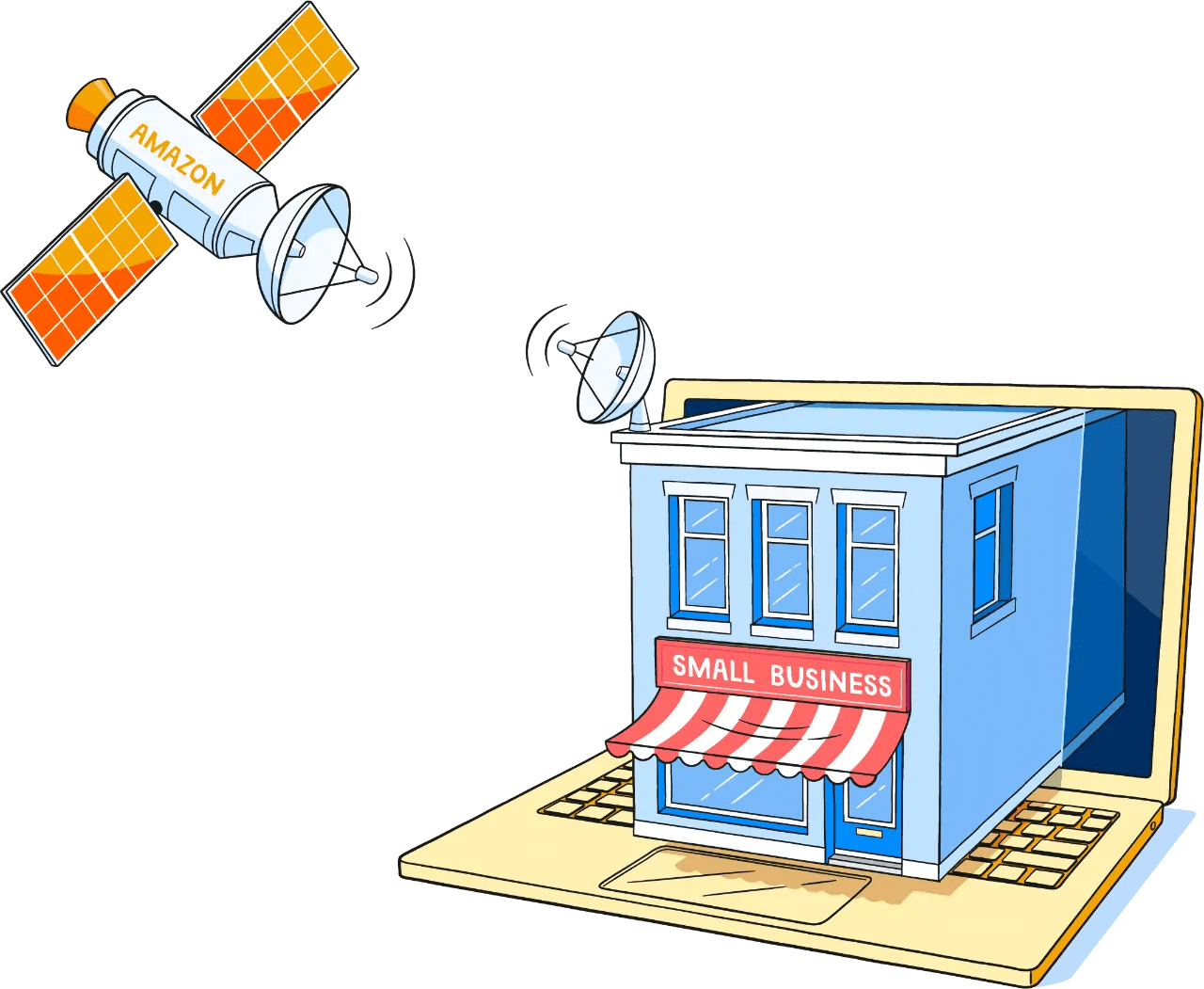 Illustration of a laptop with a small store front protruding from the screen sitting atop the keyboard. There is an awning above the front window underneath a sign which reads 'Small business'. Atop the building there is a satellite dish sending a signal to an orbital satellite with 'Amazon' written on it's side.