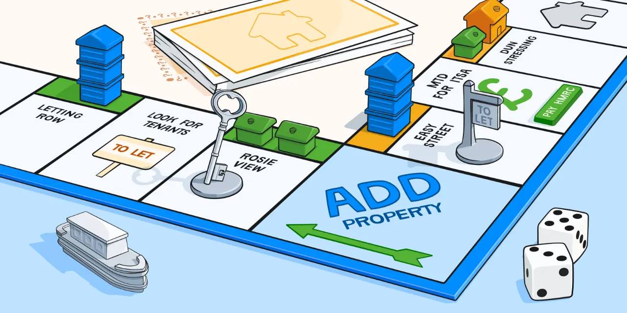 Illustration of a property-themed Monopoly board in play with tiles reading 'Rosie View', 'Easy Street' and 'Add Property'