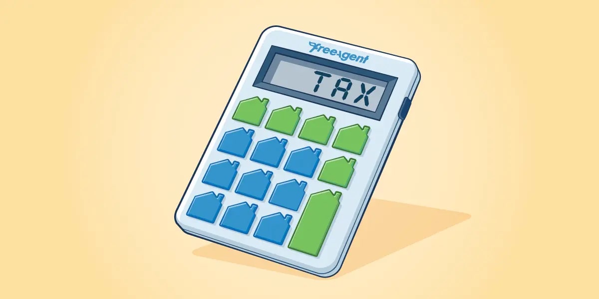Illustration of a basic calculator but the buttons are in the shape of houses and the word "TAX" displayed on the segmented display. 