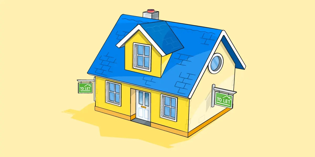 Illustration of a small yellow house with 'To Let' signs hanging at each side. 