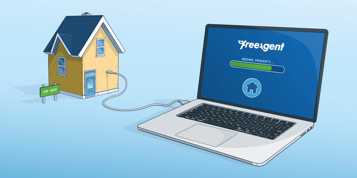 Illustration of a small house connected via a cable to a laptop with the FreeAgent logo displayed in the screen displayed above a progress bar labelled "Adding property…". 