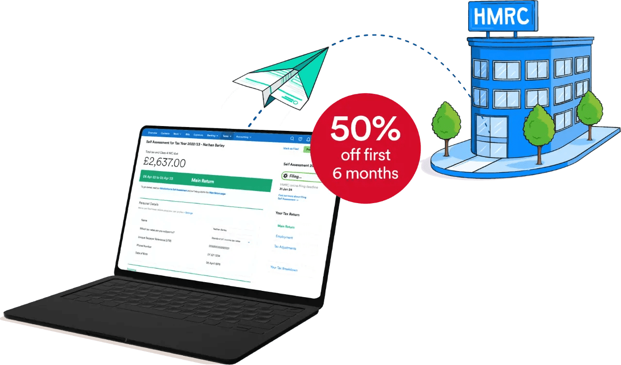 Image of a laptop with showing the FreeAgent Self Assessment screen with an illustrated paper plane flying over the screen to an illustrated representation of HMRC.