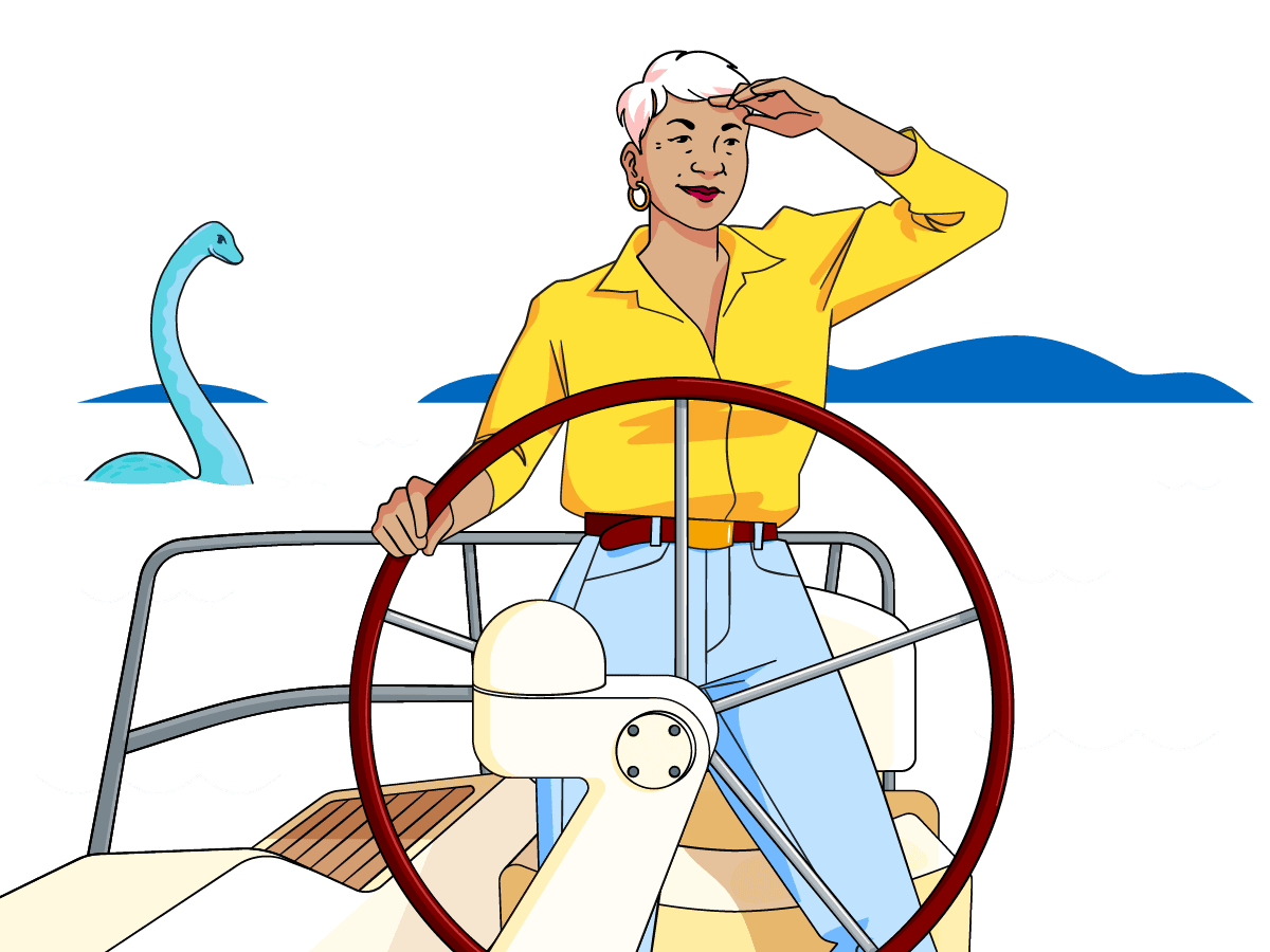Woman standing confidently at the helm of a boat, holding the wheel and looking out to sea - Nessie, the Loch Ness monster is behind her.