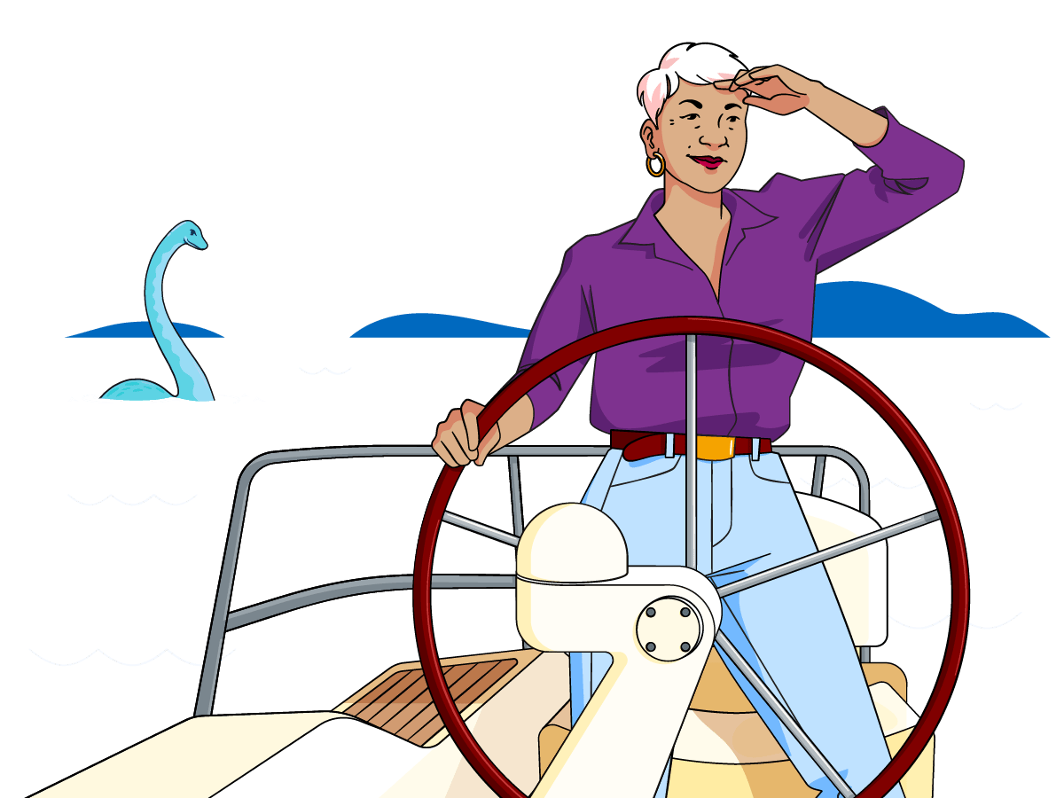 Woman standing confidently at the helm of a boat, holding the wheel and looking out to sea - Nessie, the Loch Ness monster is behind her.