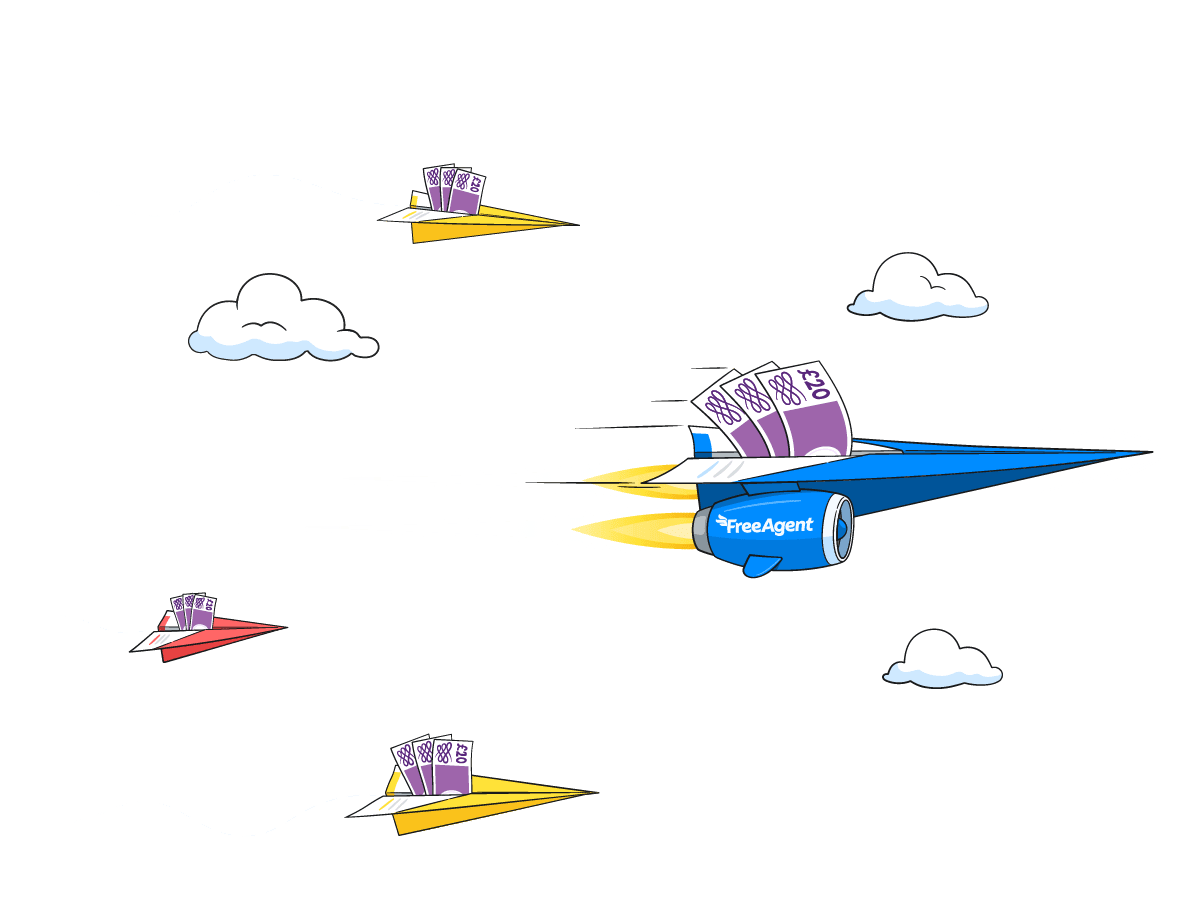 Paper planes carrying money being overtaken by a paper plane with FreeAgent-branded rocket boosters.
