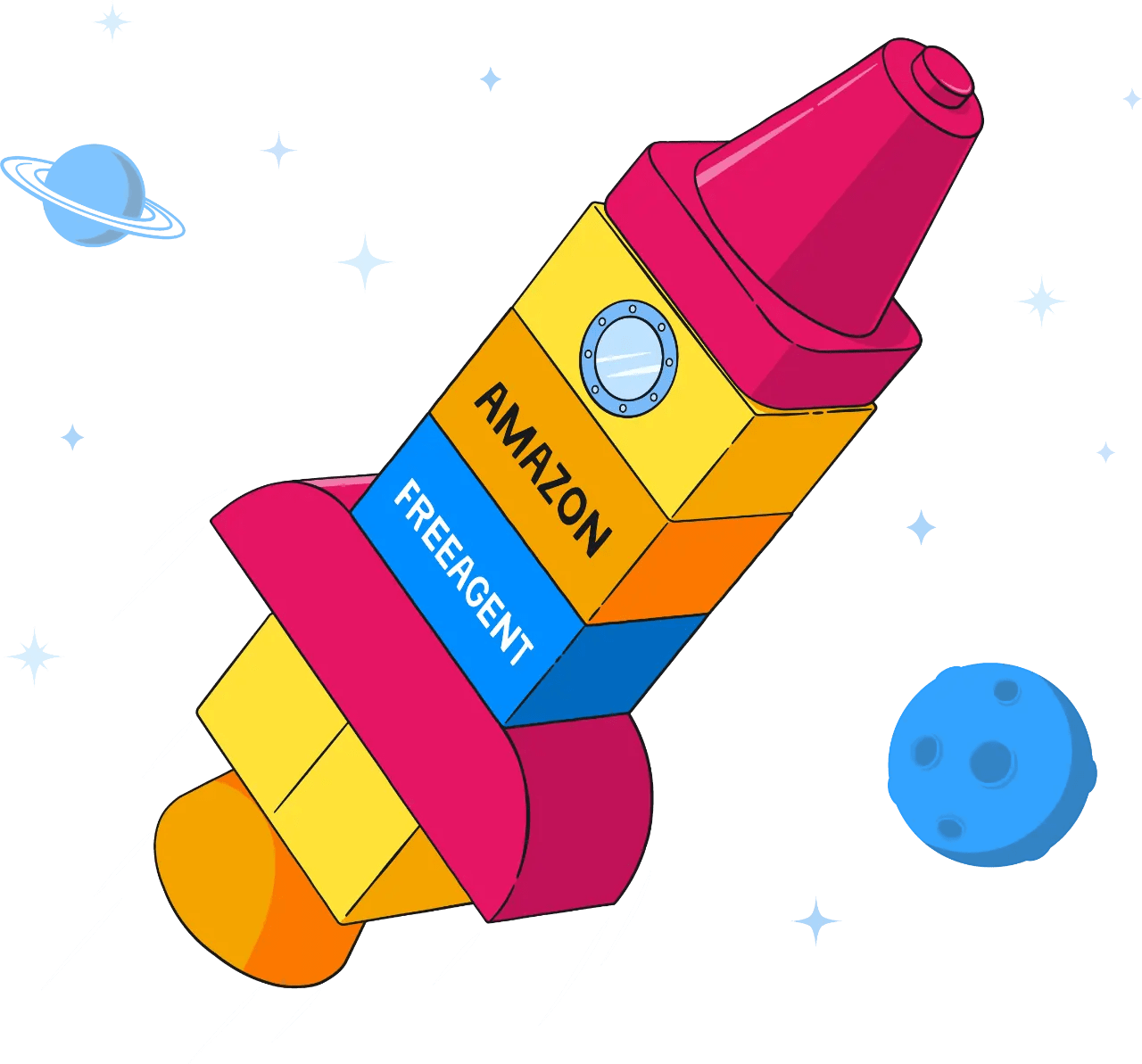 Illustration of a colourful lego rocket with 'Amazon' and 'FreeAgent' written on the side flying through space with stars and planets in the background