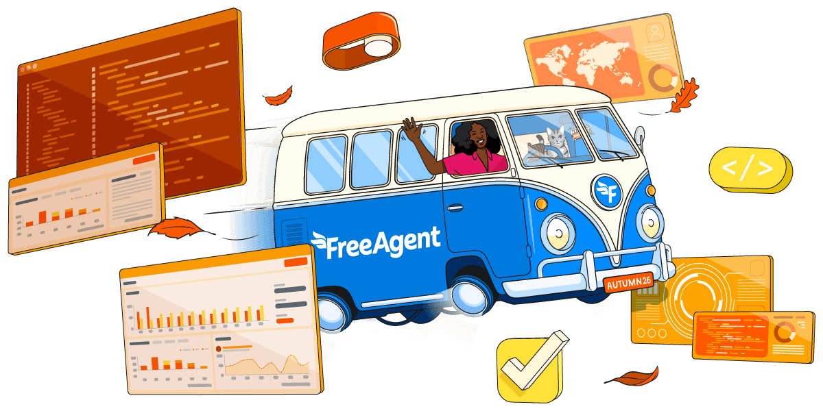 FreeAgent camper van appearing out of portal surrounded by flowers