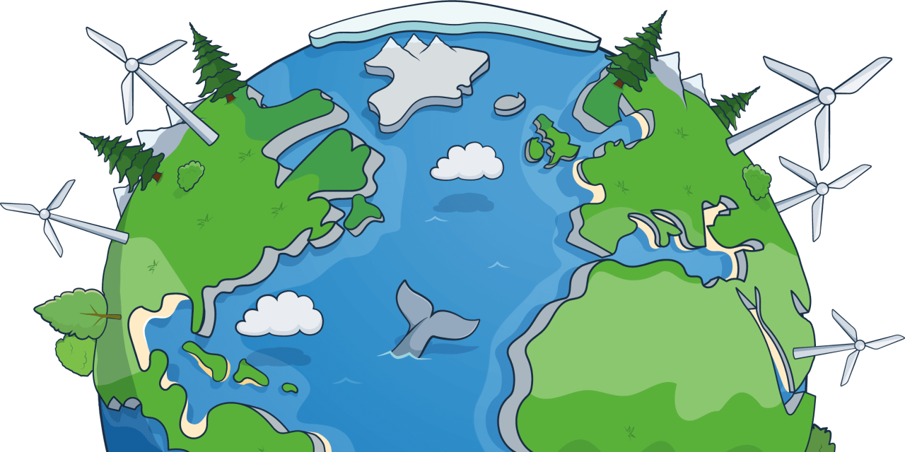 Illustration of the earth showing wind turbines and trees dotted around the globe.