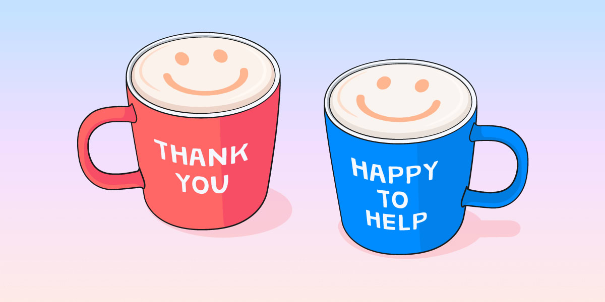 Two cheerie coffe mugs with messages 'Thank you' and 'Happy to help'