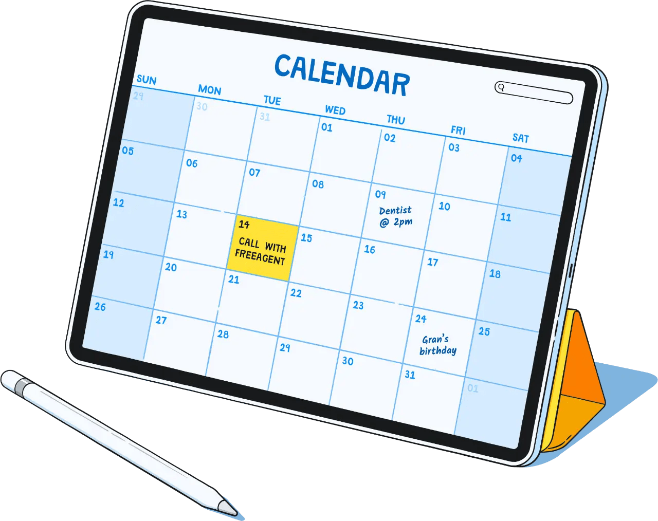 Illustration of an iPad displaying a calendar. The 21st is highlighted in yellow with 'Call with FreeAgent' written within.