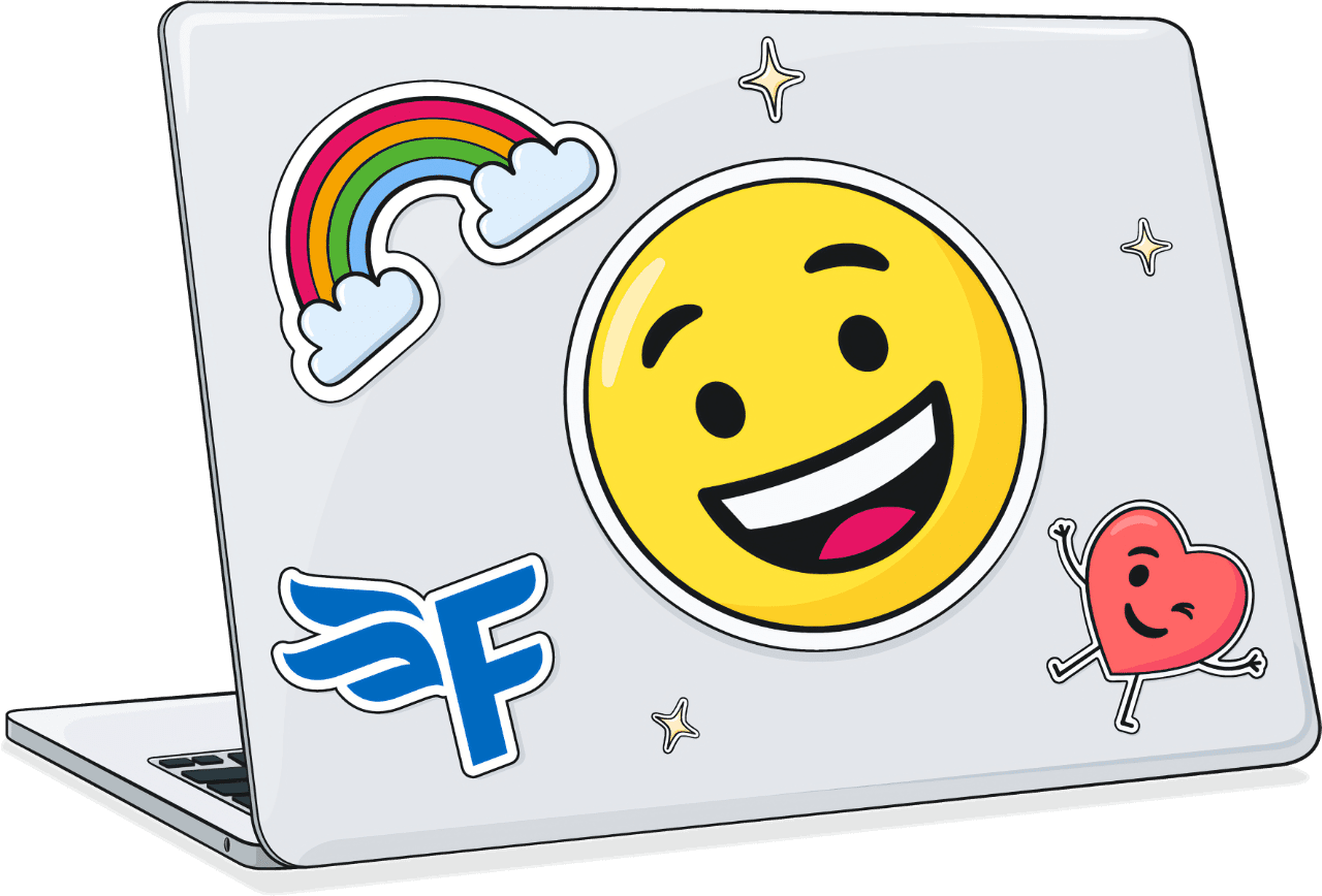 Illustration of an open laptop from behind showing stickers on the lid with a large smiling face emoji sticker in the middle.