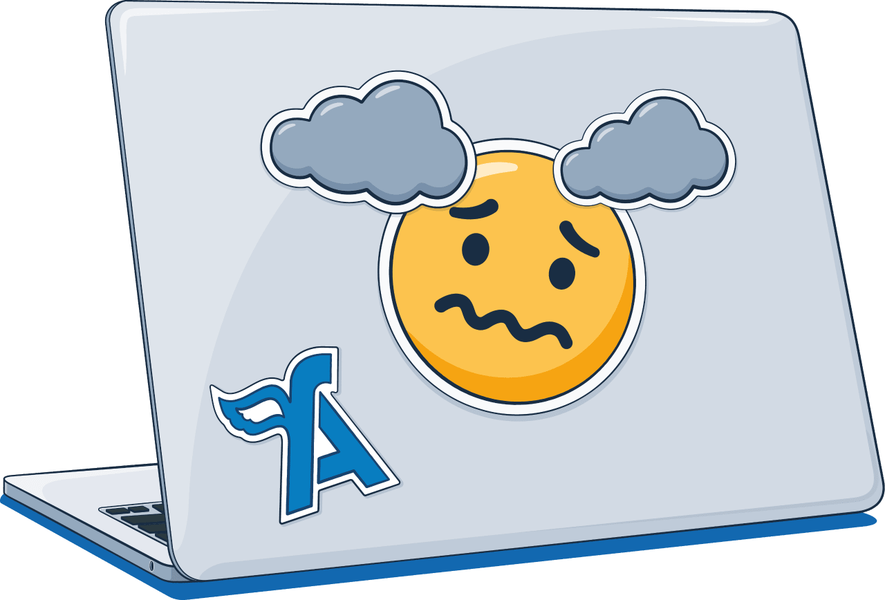Illustration of a laptop lid with stickers of both the FreeAgent logo and a sad face emoji with dark clouds above it.