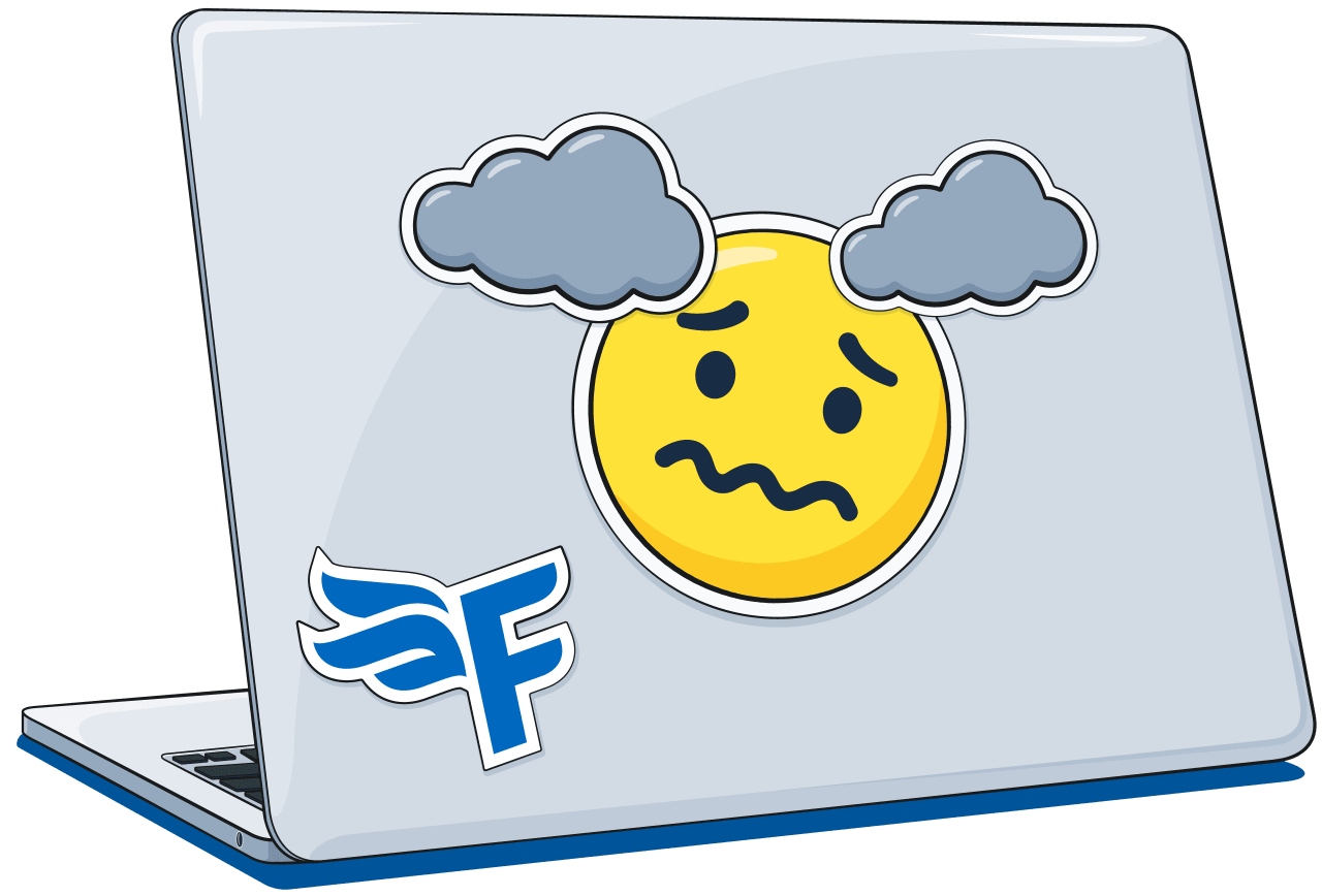 Illustration of a laptop lid with stickers of both the FreeAgent logo and a sad face emoji with dark clouds above it.