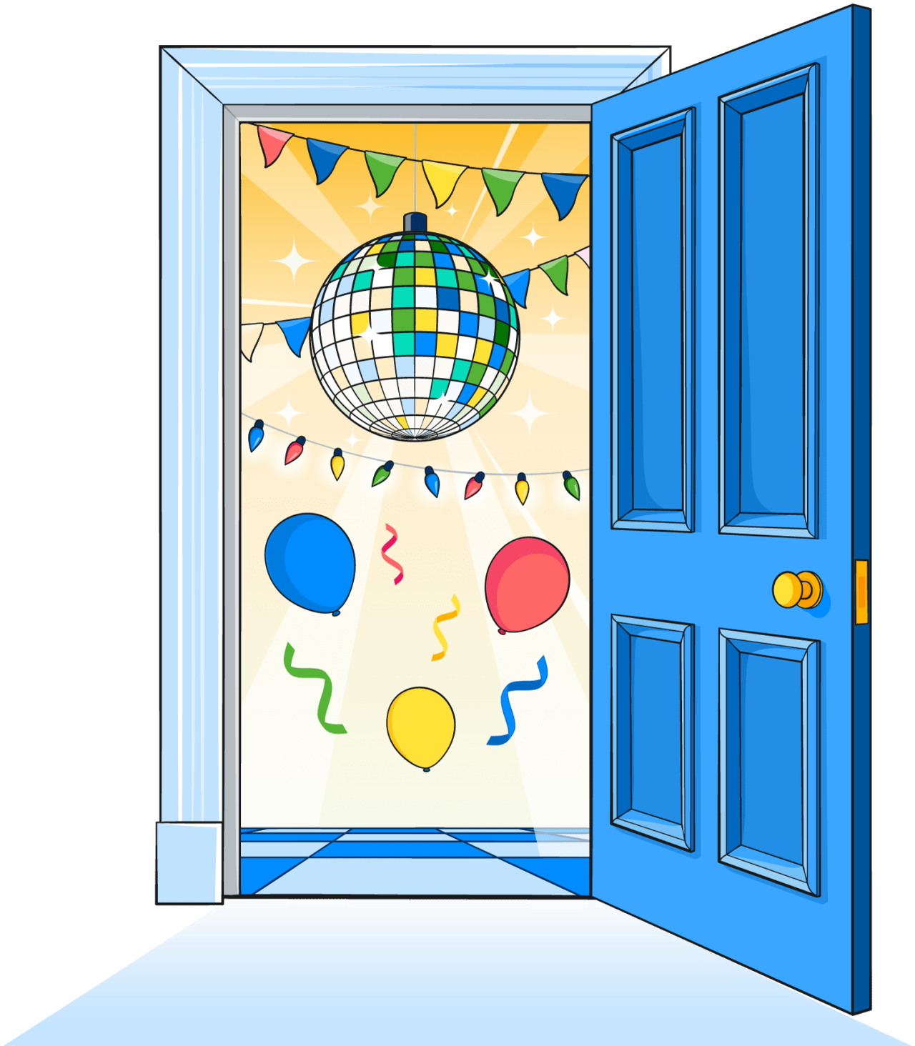 Illustration of an open door through to a room with a tiled floor of alternating blue and light blue squares. A disco ball, bunting, and lights hang from the ceiling, balloons, lights, and confetti float through the air. The room is filled with warm yellow light and looks inviting from the outside.