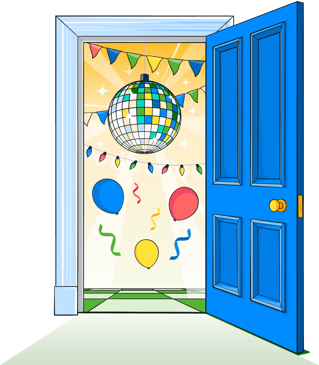 Illustration of an open door through to a room with a tiled floor of alternating blue and light blue squares. A disco ball, bunting, and lights hang from the ceiling, balloons, lights, and confetti float through the air. The room is filled with warm yellow light and looks inviting from the outside.