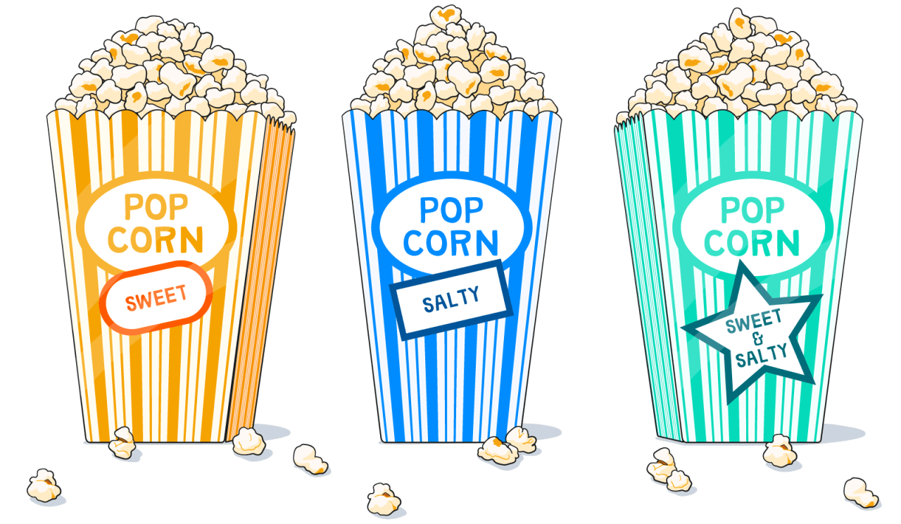Illustration showing three tubs of popcorn labelled 'Sweet', 'Salty', and 'Sweet & Salty'.
