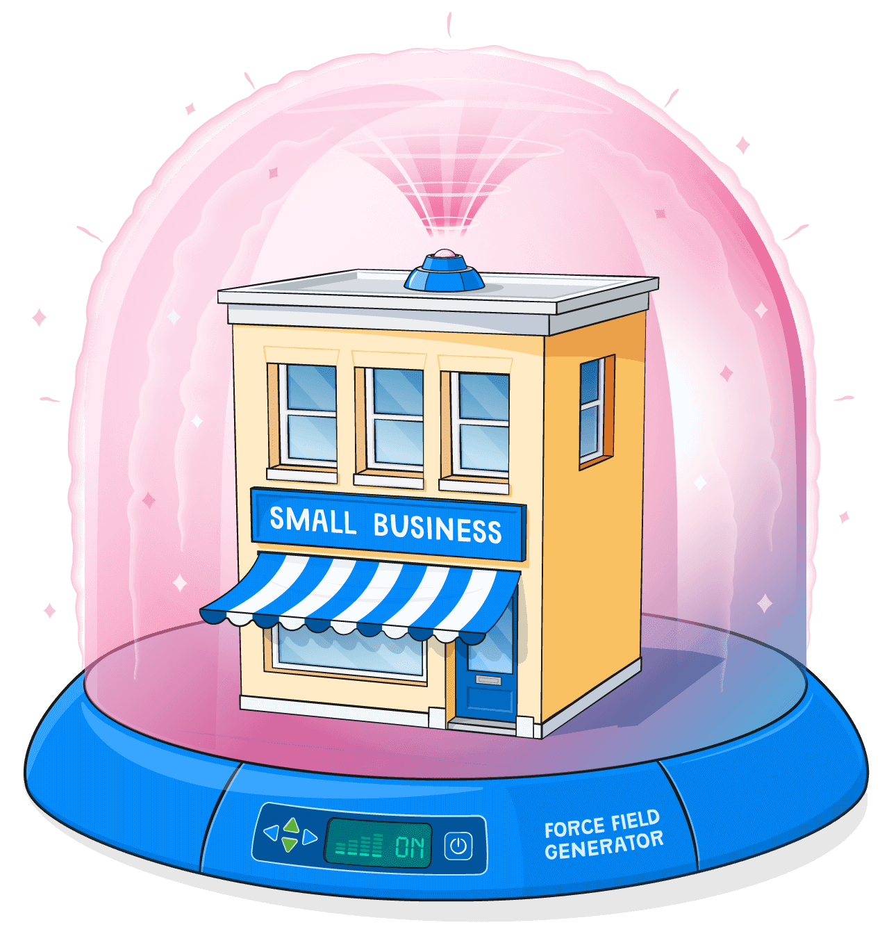 Illustration of a force-field surrounded storefront with a sign labeled 'Small Business'