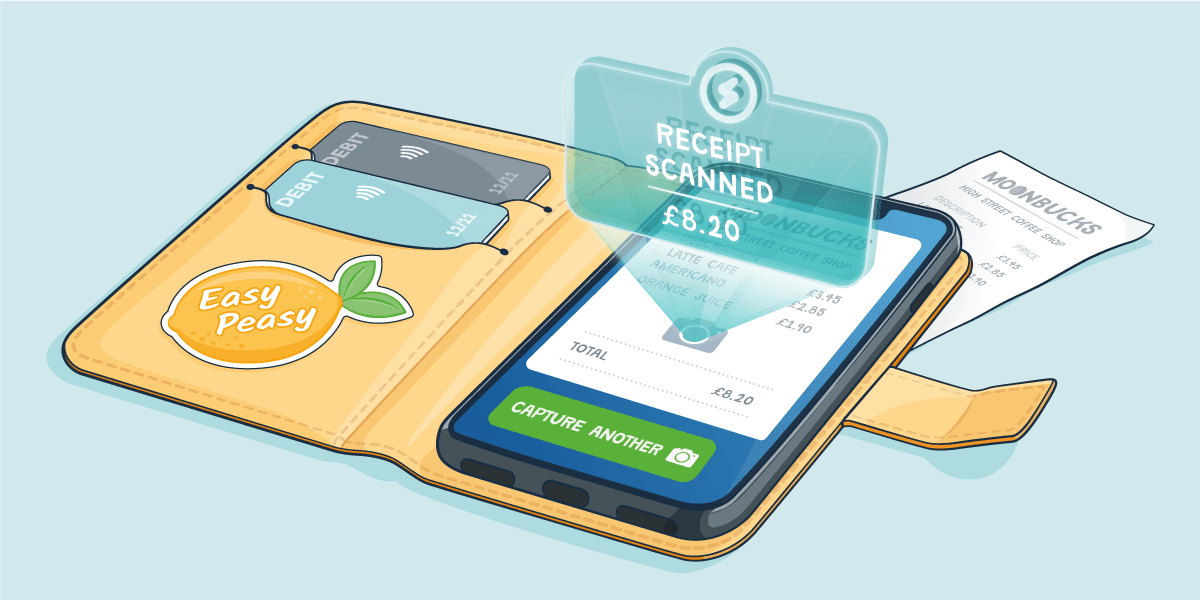 Illustration of a mobile phone within a carry case with a holographic notification above the screen which says "Receipt scanned, £8.20". 