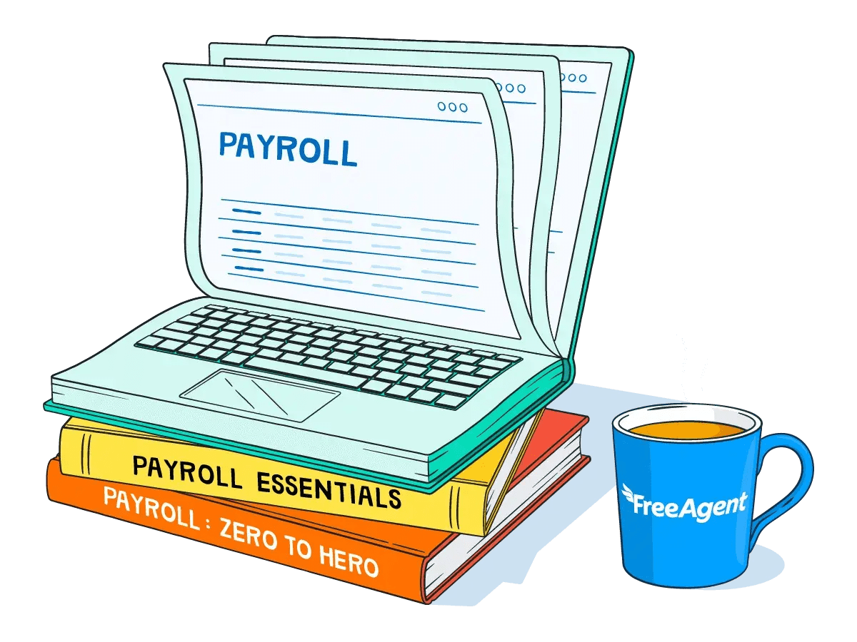 Illustration of a pile of books titled ‘Payroll Essentials’ and ‘Payroll: Zero to Hero’, the top book is opened with pages that look like a laptop screen and keyboard.