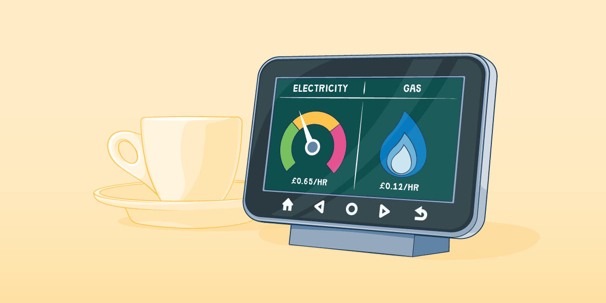 Illustration of an energy smart meter showing current electricity and gas usage. A cup and saucer sit in the background.