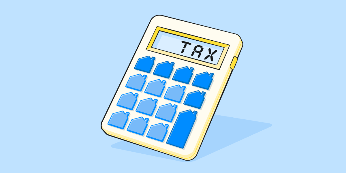 Illustration of a basic calculator but the buttons are in the shape of houses and the word "TAX" displayed on the segmented display. 