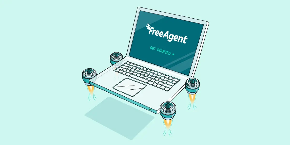 Illustration of a laptop hovering above the ground with a small upwards facing jet turbine on each corner. The screen of the laptop is displaying the FreeAgent logo. 