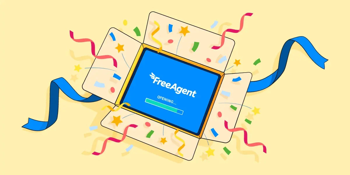 Illustratiuon of an open box with ribbon and confetti spreading out from within. Inside the box is a tablet device displaying the FreeAgent logo. 