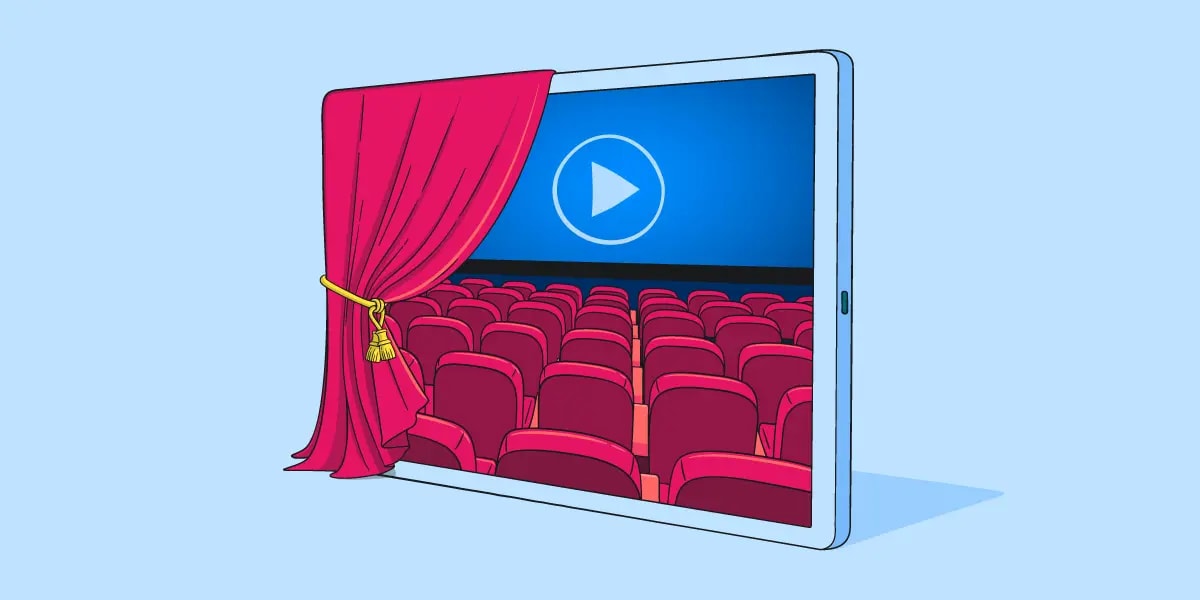 Illustration of a red curtain pulled back revealing a tablet. The screen of the tablet is displaying rows of chairs within a cinema facing a large blue screen on which a play button is displayed. 