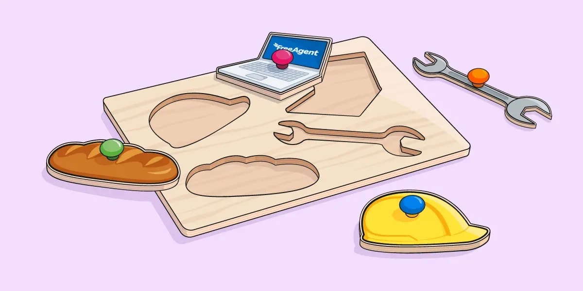 Illustration of child's match-the-shape puzzle. The elements to be matched are a laptop, spanner, load of bread, and builders hat, all representing various kinds of business.