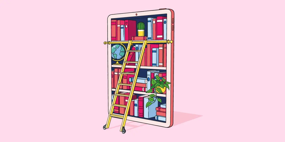 Illustration of a large book case within the screen of a tablet device. A rolling ladder is also propped against the shelves. 