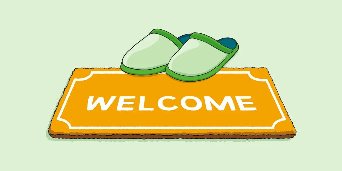 Illustration of welcome mat with a pair of green slippers sitting on top. 
