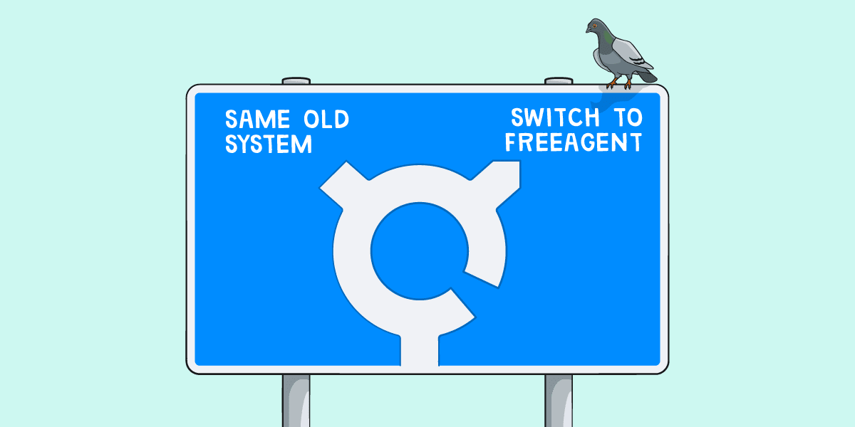 Illustration of a motorway roundabout sign with one exit leading to 'same old system' and another exit leading to 'switch to FreeAgent'.