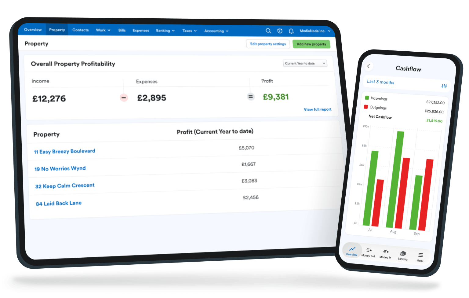 A tablet showing the Property page in FreeAgent and a mobile showing the Cashflow page.
