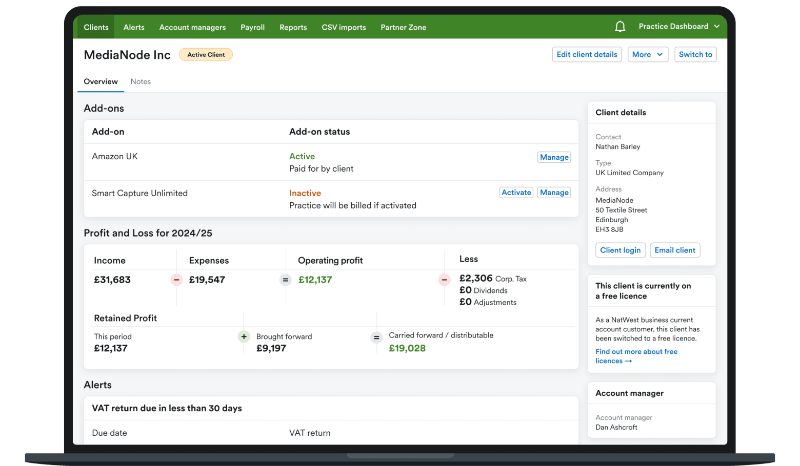 Laptop display the FreeAgent practice dashboard