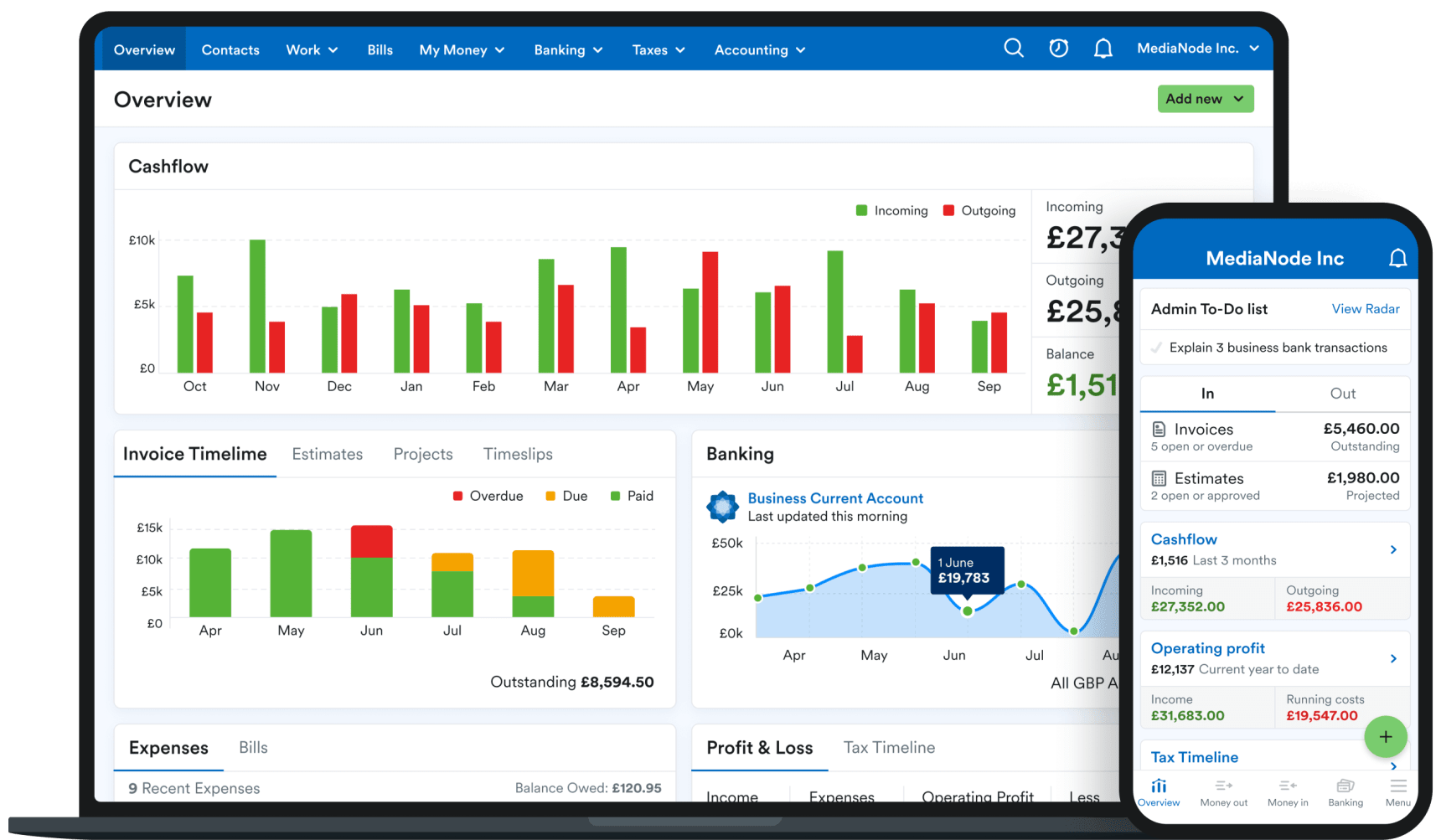 A laptop and mobile phone showing the overview screen for both the desktop and mobile apps respectively.