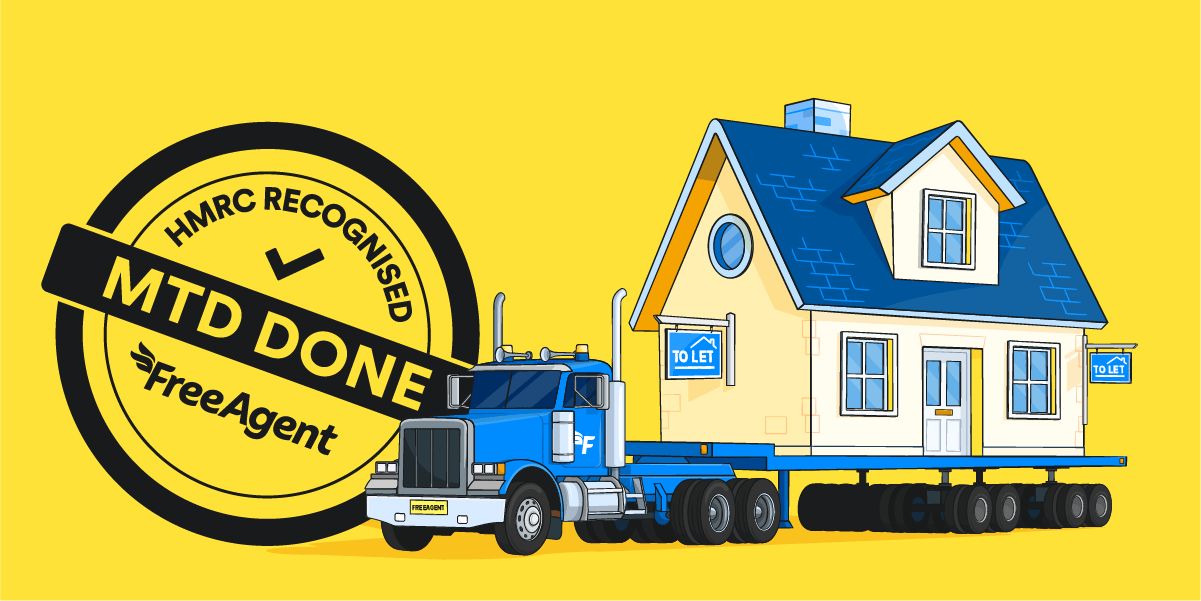 A truck transporting a house with ‘To Let’ signs in front of FreeAgent’s MTD Done stamp.