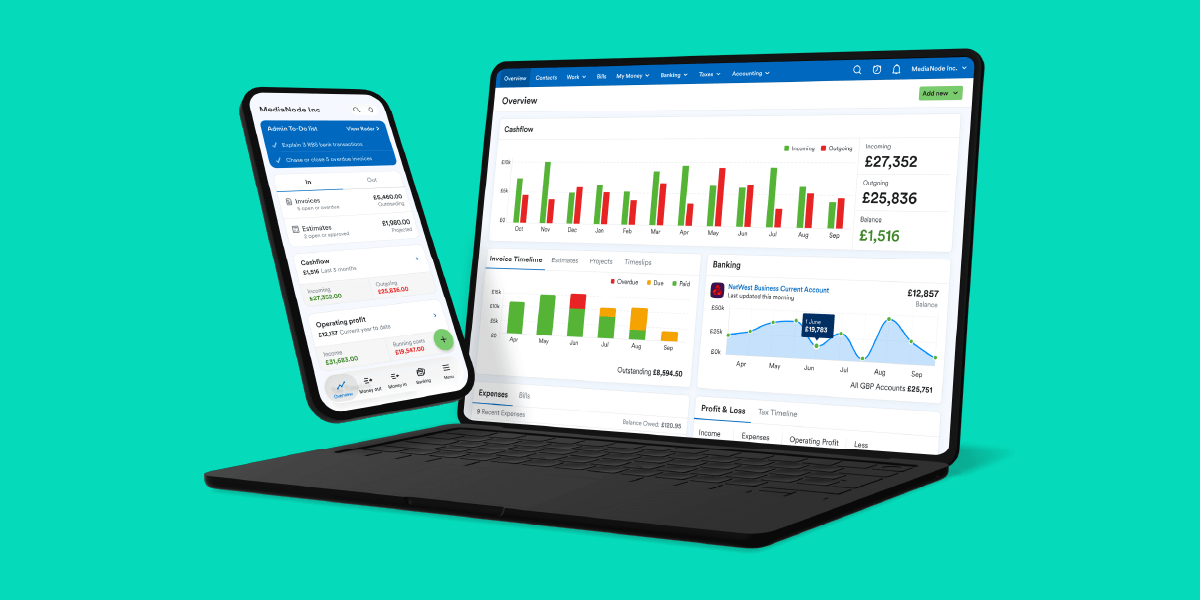 A laptop and a mobile phone show the dashboard of FreeAgent.