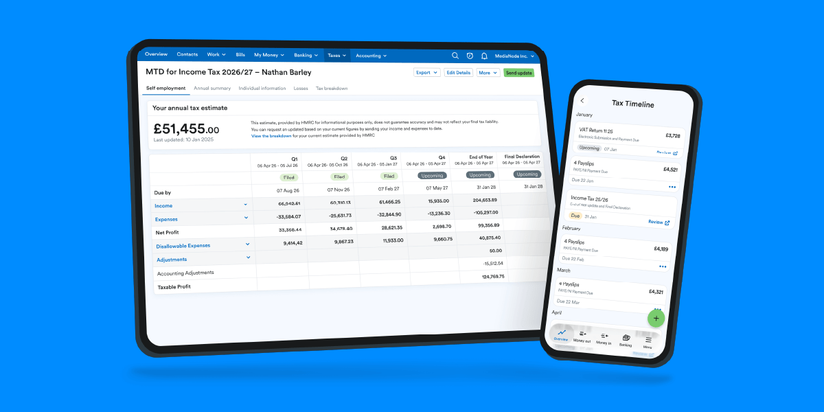 A laptop and a mobile phone show the dashboard of FreeAgent.