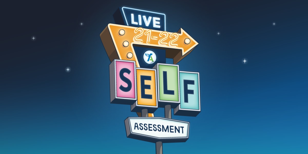 Illustration of a neon road sign saying 'Live, 21-22, Self Assessment'.