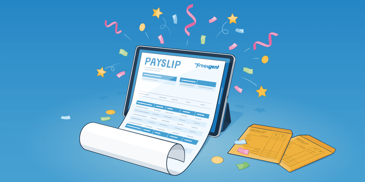 Illustration of a payslip rolling out of a tablet screen with exploding confettie all around and traditional payslip envelopes sitting to the side.