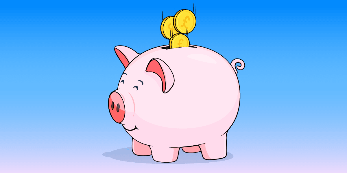 Happy piggy bank with money coming in