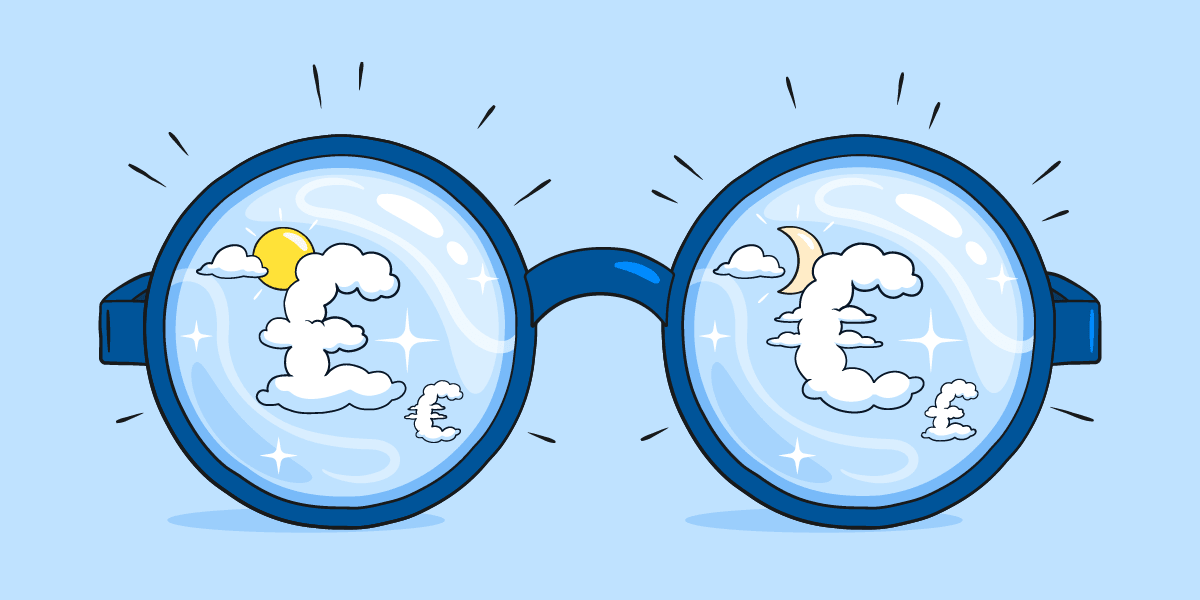 Illustrated glasses showing a clear cashflow forecast made of clouds. 