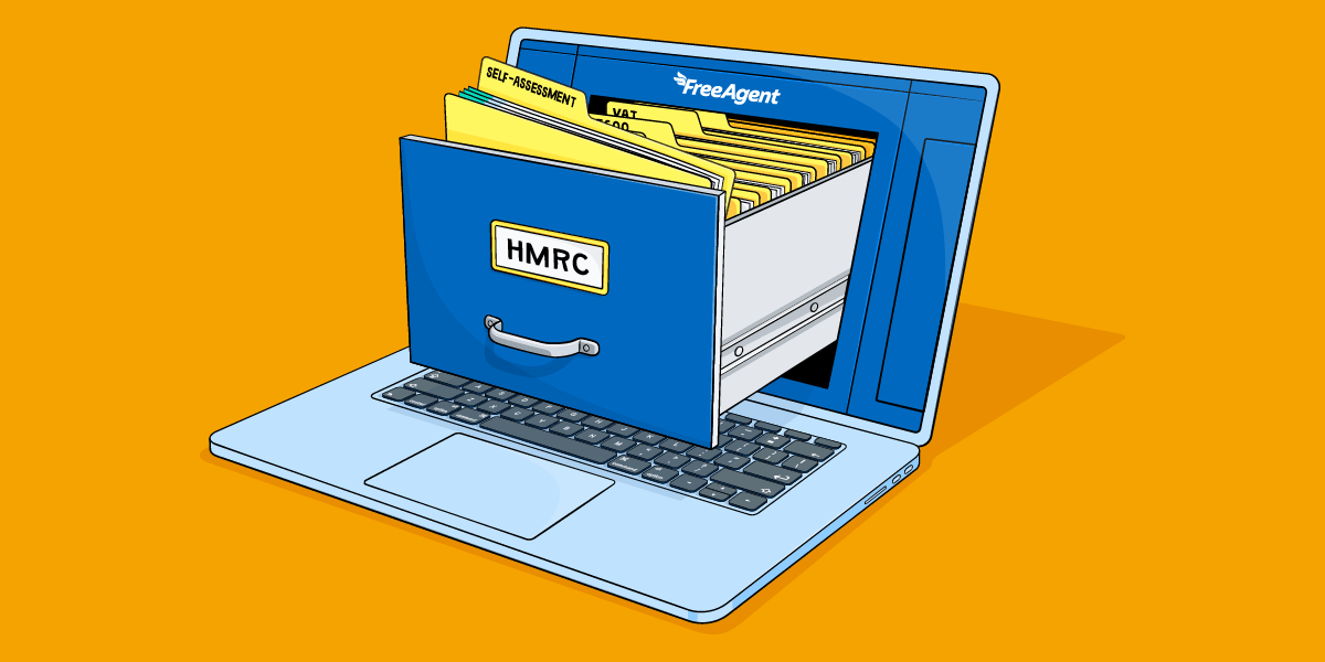 A laptop with a filing cabinet drawer labelled 'HMRC' opening from the screen, containing file folders labelled 'Self Assessment' and 'VAT'.
