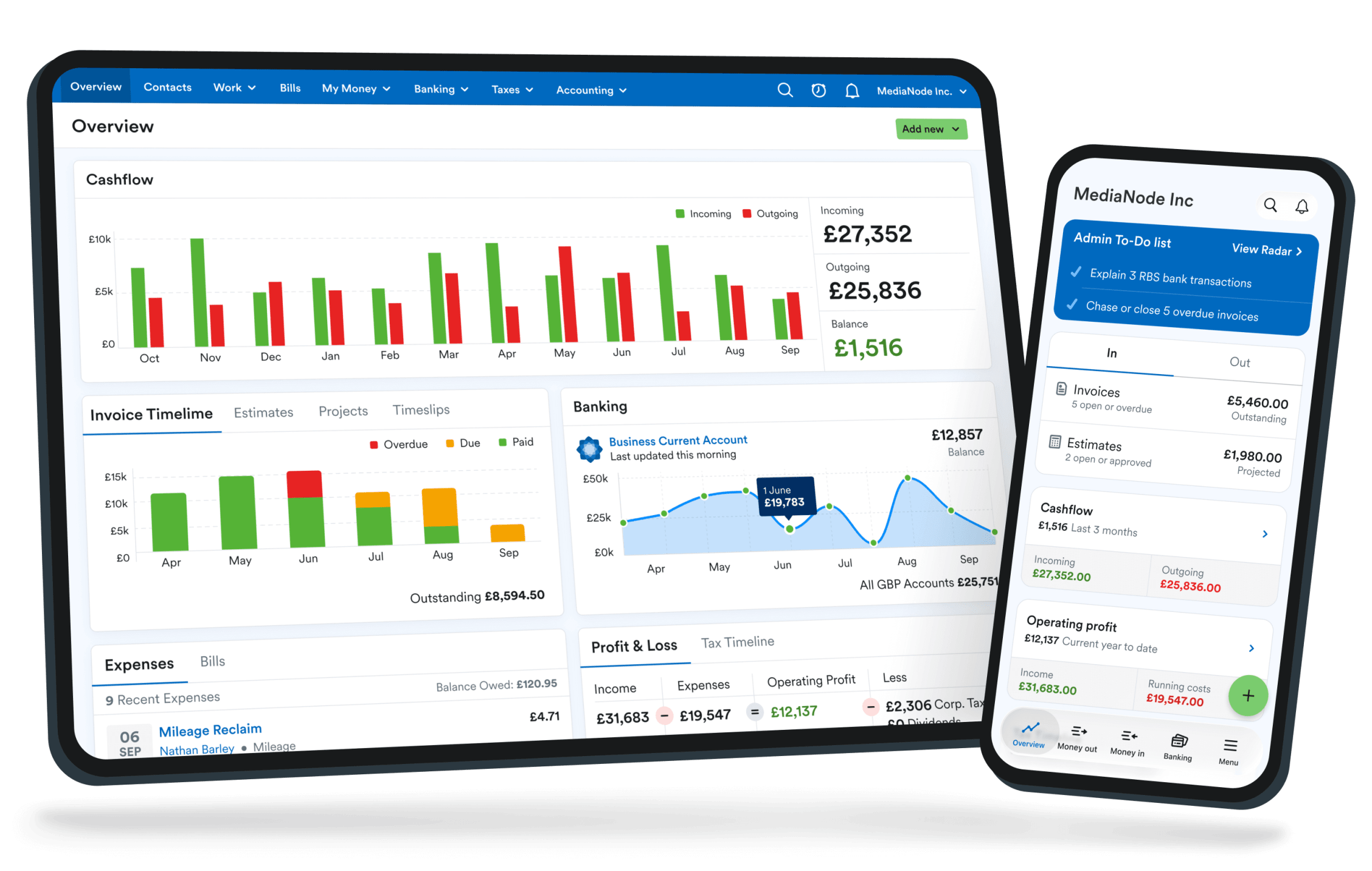 A tablet and phone both showing the FreeAgent overview screen.