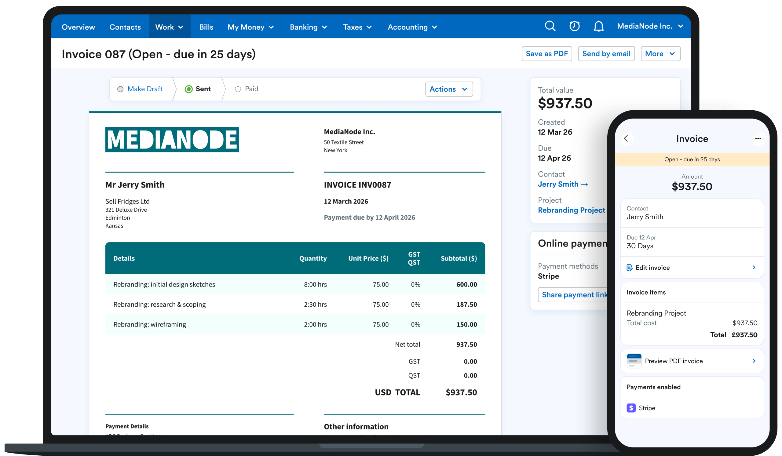 Image of an invoice screen on both a computer and mobile device