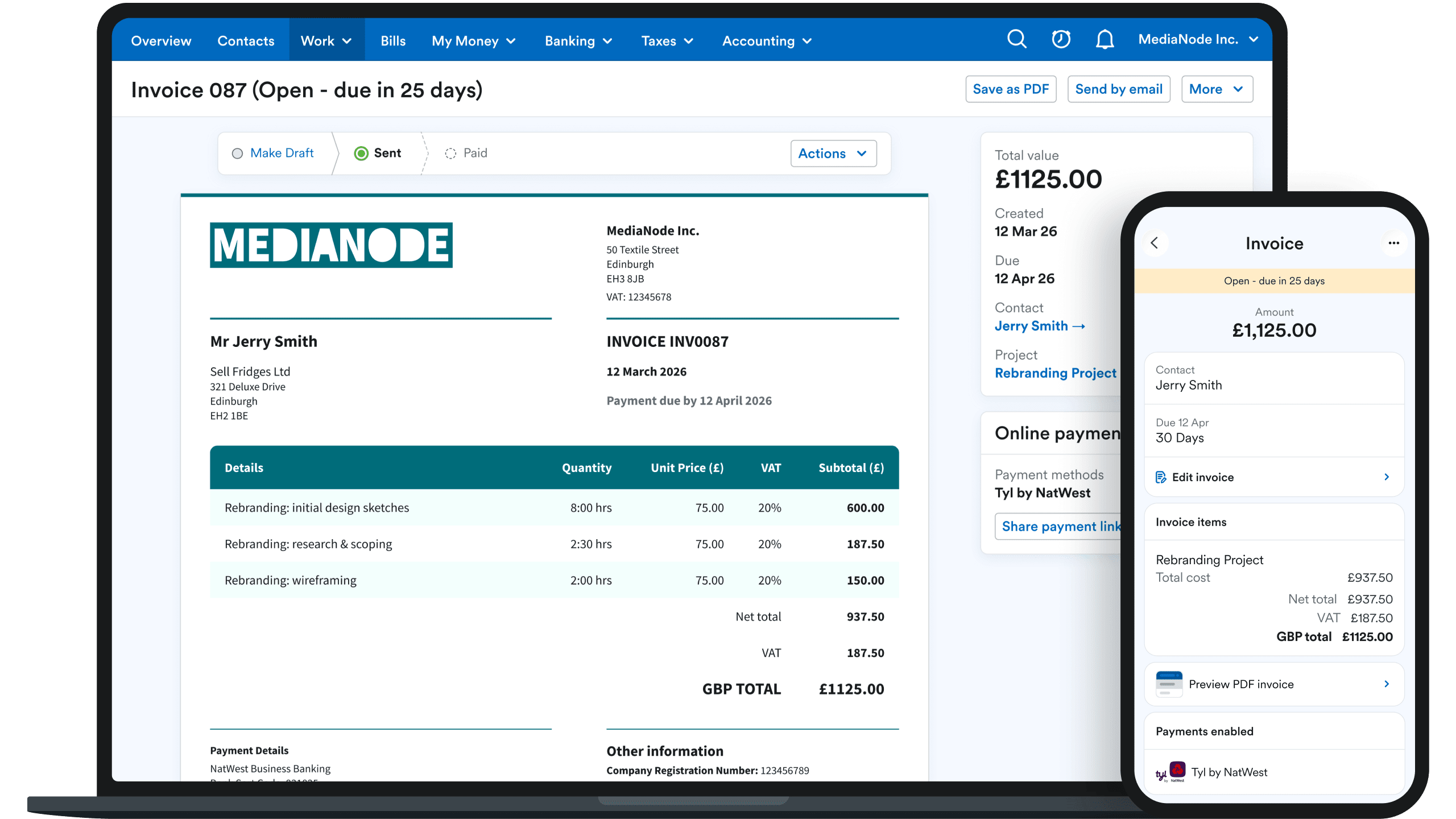 Image of an invoice screen on both a computer and mobile device