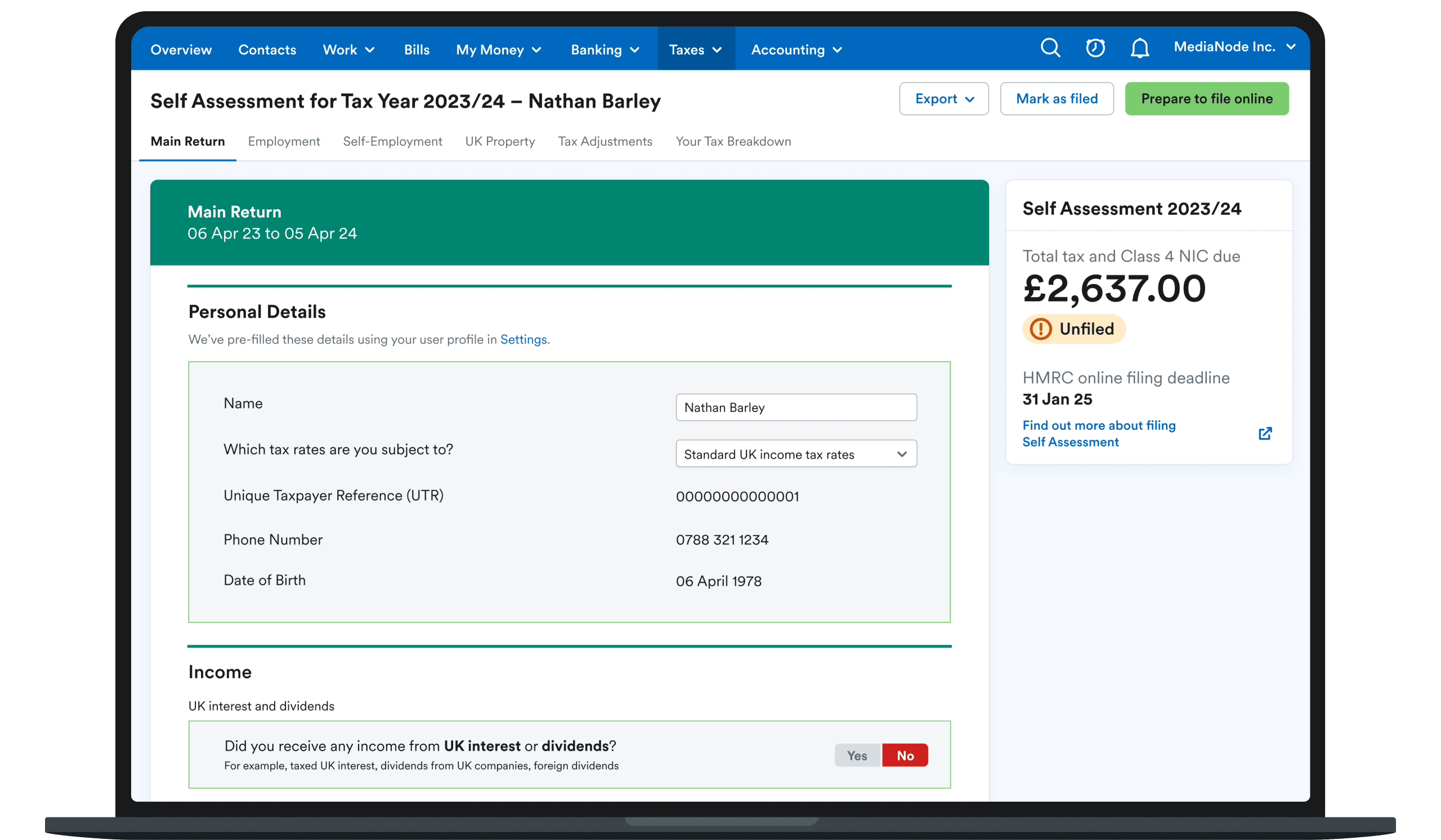 An image of a laptop showing the Self Assessment view of the FreeAgent app.