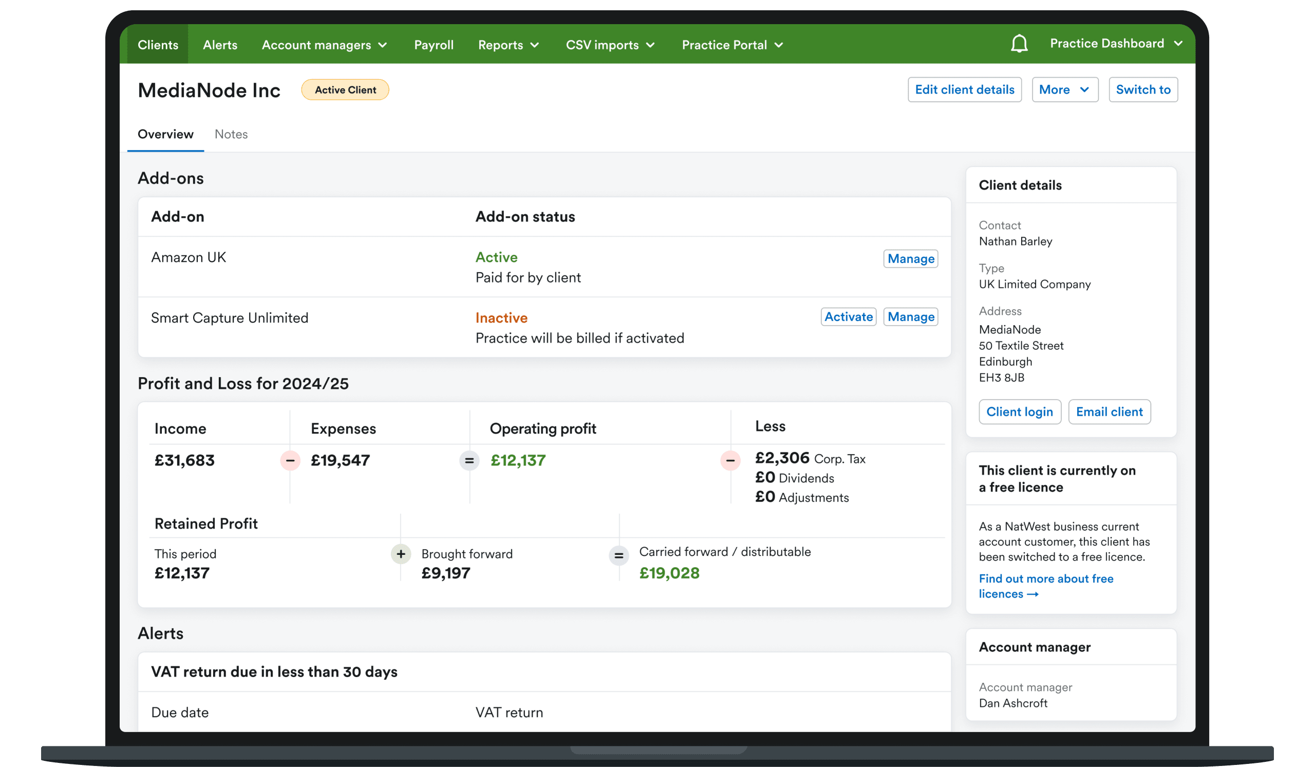 Image of laptop showing the FreeAgent Practice Dashboard showing the client details user interface.