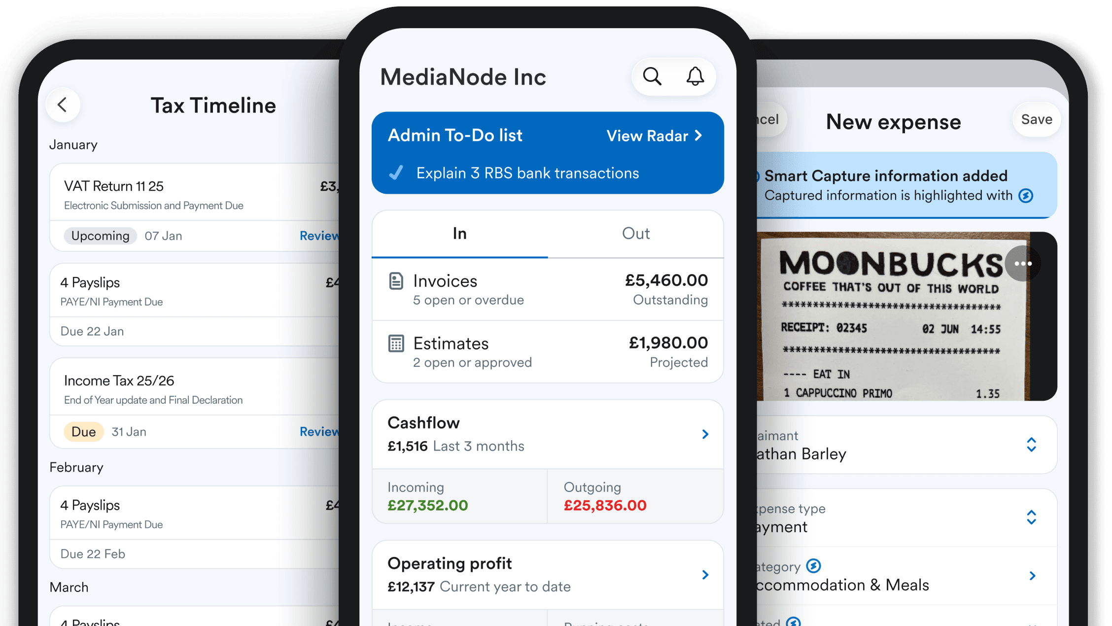 Three phones showing the Tax Timeline, Admin-To-Do and Smart Capture UI of the mobile app