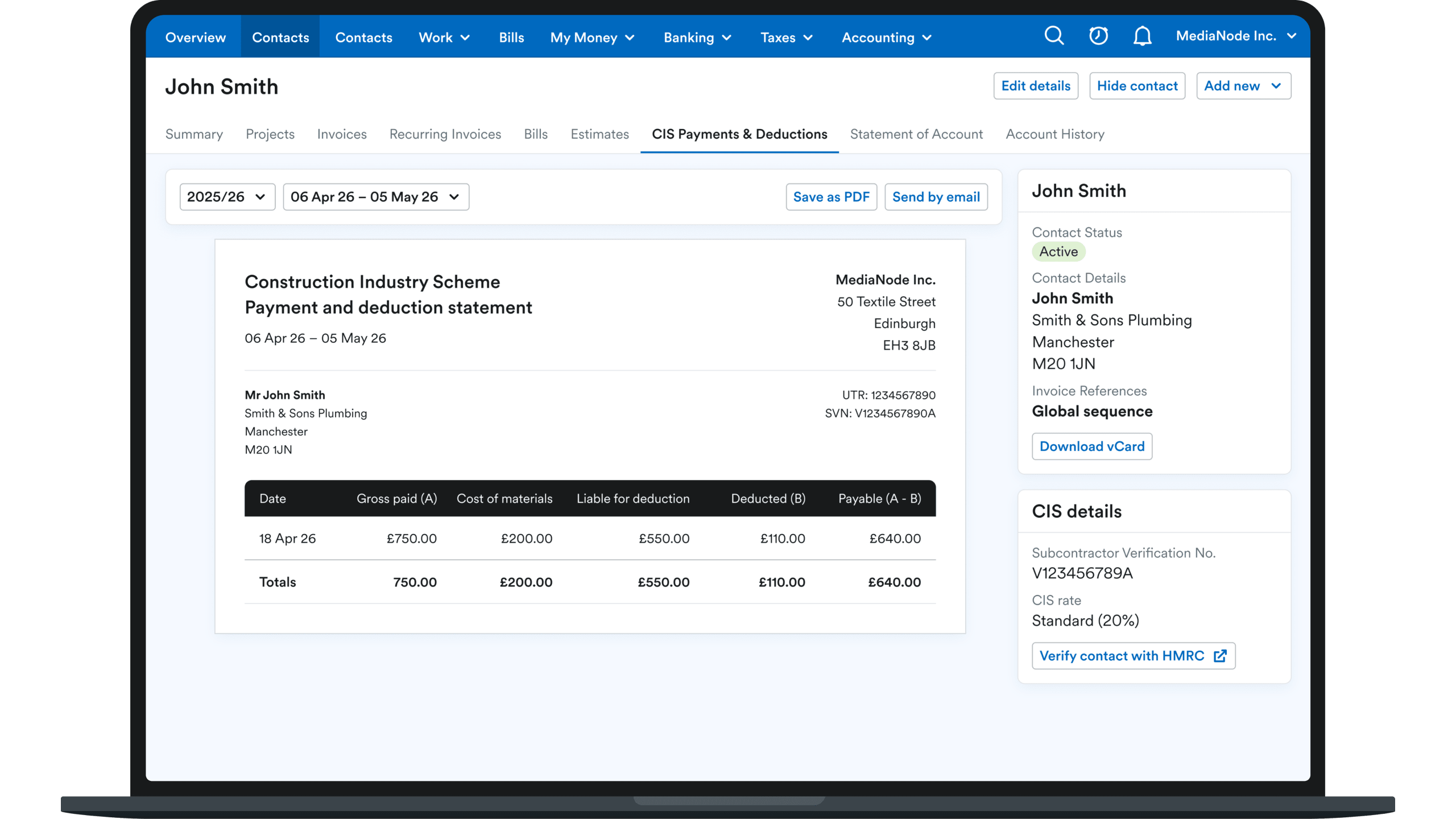 A laptop showing the CIS Payments and Deductions tab